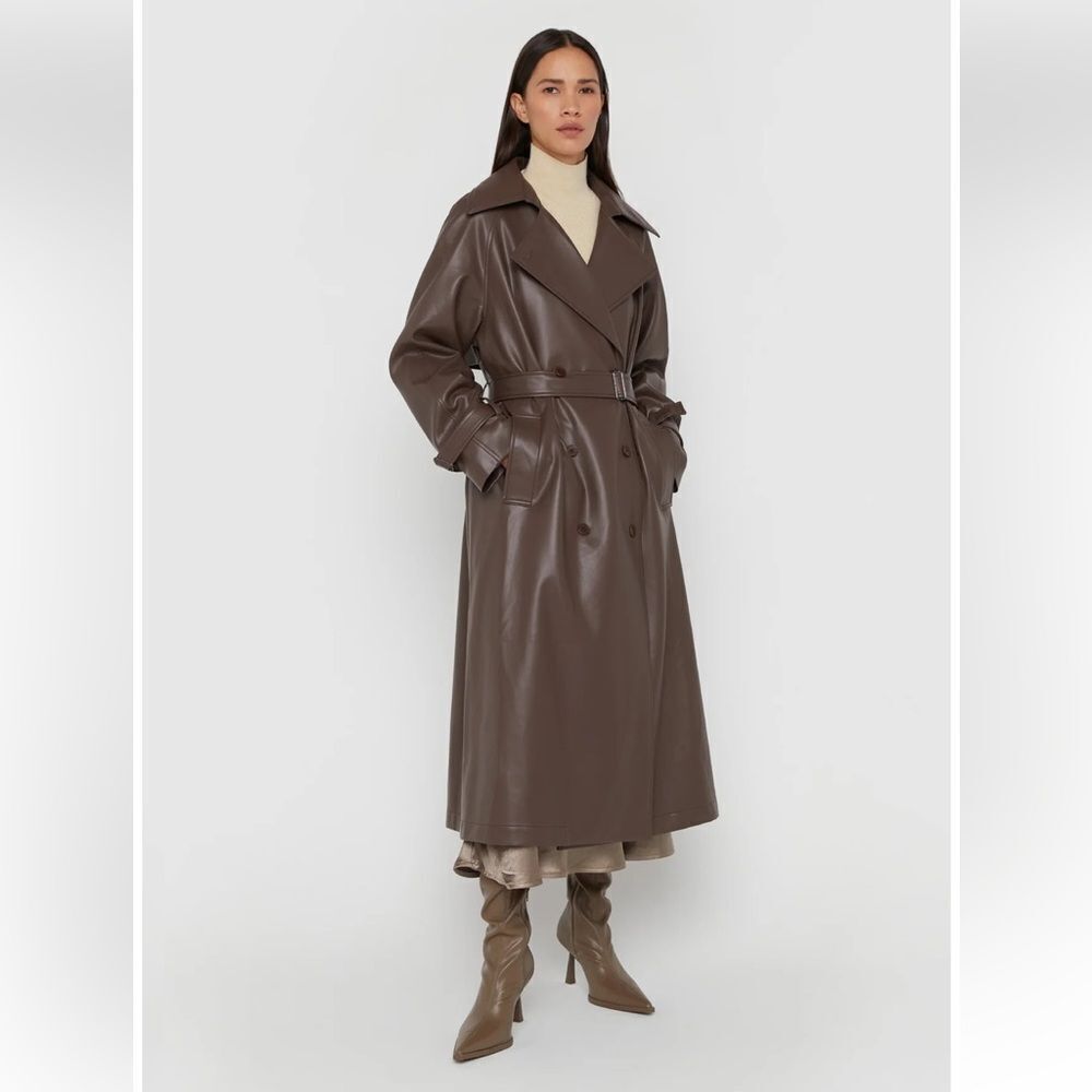 Oak + Fort Oversized Vegan Leather Trench Coat Chocolate Brown Size XXS NWT